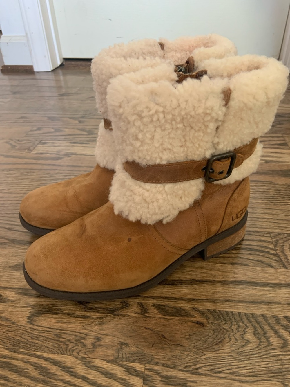 UGG Blayre Chestnut Suede Shearling Cuff Buckle Boots